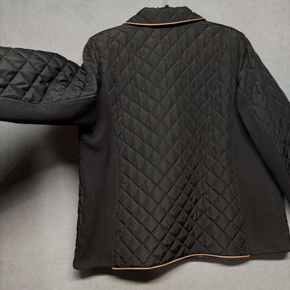 Jones New York Quilted Jacket Tan Trim PXL Black Diamond Stitch Minimalist Chic